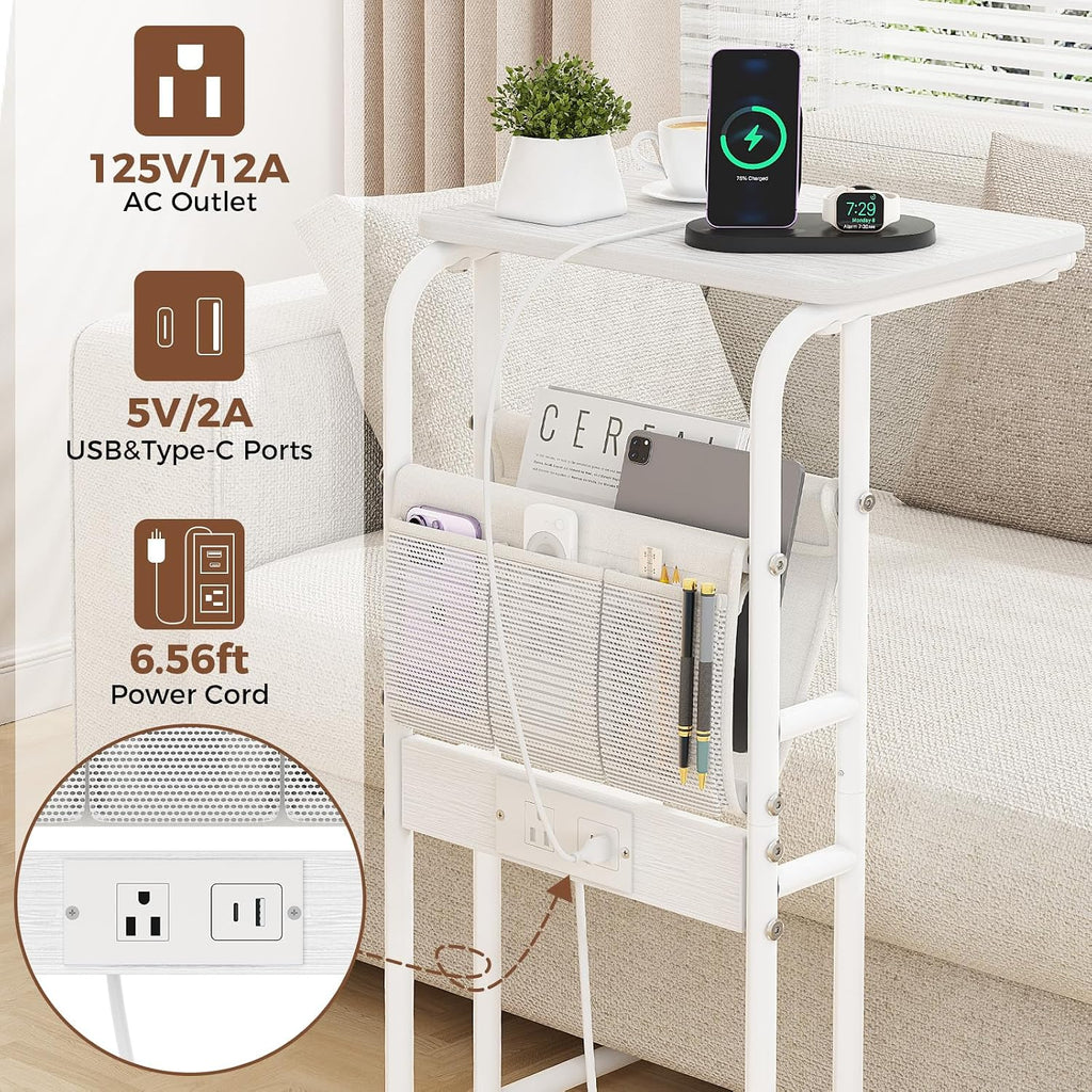 C-Shaped End Table with Charging Station and Storage Bag White - Image 3