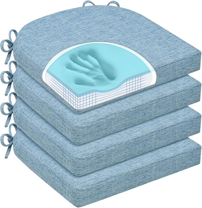 Chair Cushions for Dining Chairs, Non Slip Chair Pads with Ties and Washable Covers, Memory Foam Kitchen Chair Cushions Set of 4, 16"X16"X2.5", Light Blue by HOMELYSIAN