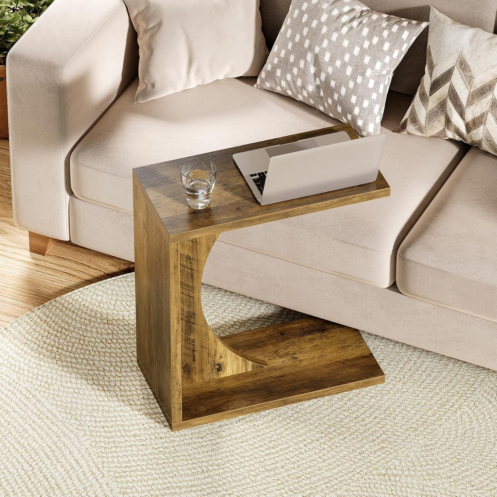 LITTLE TREE C Shaped End Table for Sofa & Bedroom - Small Side Table for Living Room, Over Couch Tray Stand for Laptop, Snacks, Books, Brown, 1 Pack by LITTLE TREE