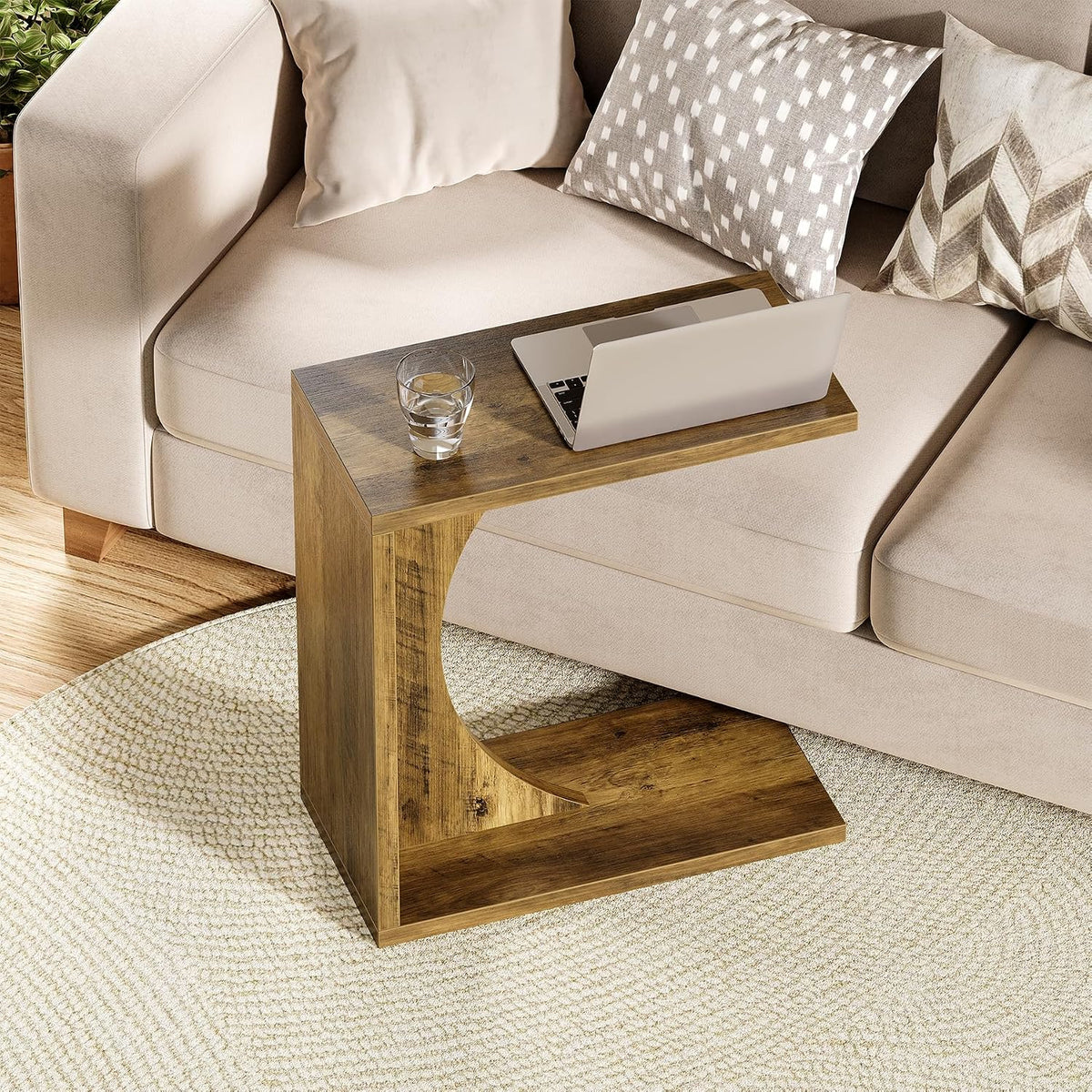LITTLE TREE C Shaped End Table for Sofa & Bedroom - Small Side Table for Living Room, Over Couch Tray Stand for Laptop, Snacks, Books, Brown, 1 Pack by LITTLE TREE