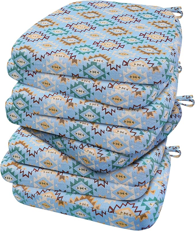 AAAAAcessories D-Shaped Chair Cushions, 2" Thick Dining Chair Pads with Ties and Removable, Machine-Washable Cover, 17" x 16", Set of 8, Geometric Blue by AAAAAcessories