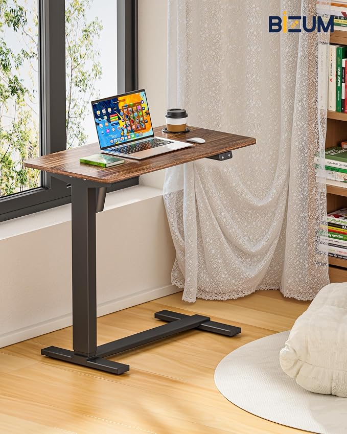BIZUM Small Electric Standing Desk Bedside Table with Hidden Wheels 31.5 x 15.8 Inch Adjustable Computer Laptop Office Desk, Walnut - Image 2