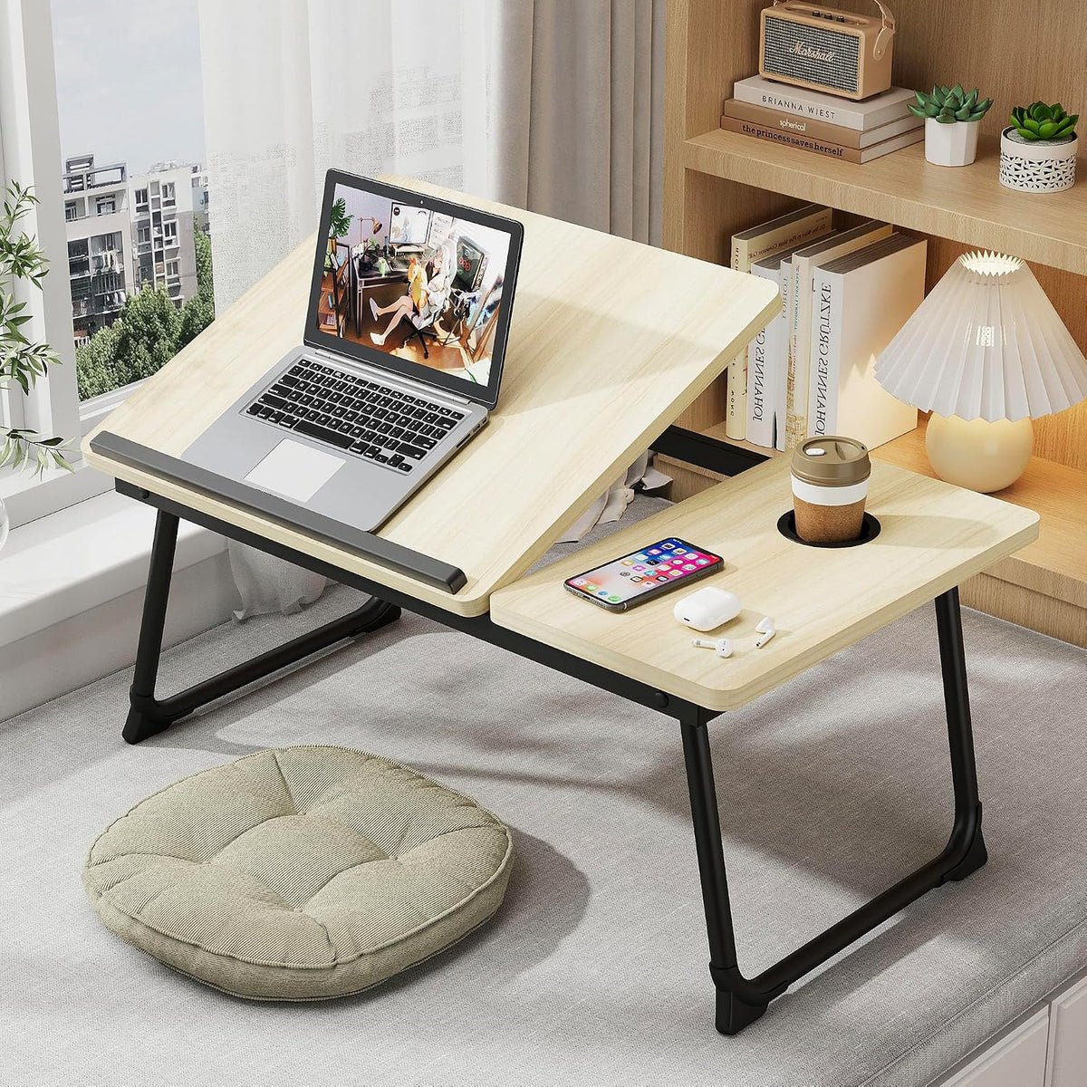 Adjustable & Portable Lap Desk for Laptop - Folding Bed Tray for Eating, Writing, Couch, and Breakfast in Bed. Ideal Laptop Stand and Small Computer Desk for Adults. (White Maple) - Image 5