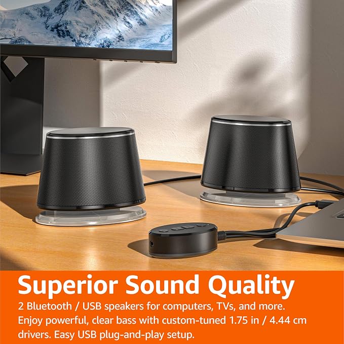Amazon Basics Bluetooth Computer Speakers with USB 3.0, LED Blue Lighting, Volume Control, USB Powered, Set of 2 - Image 6