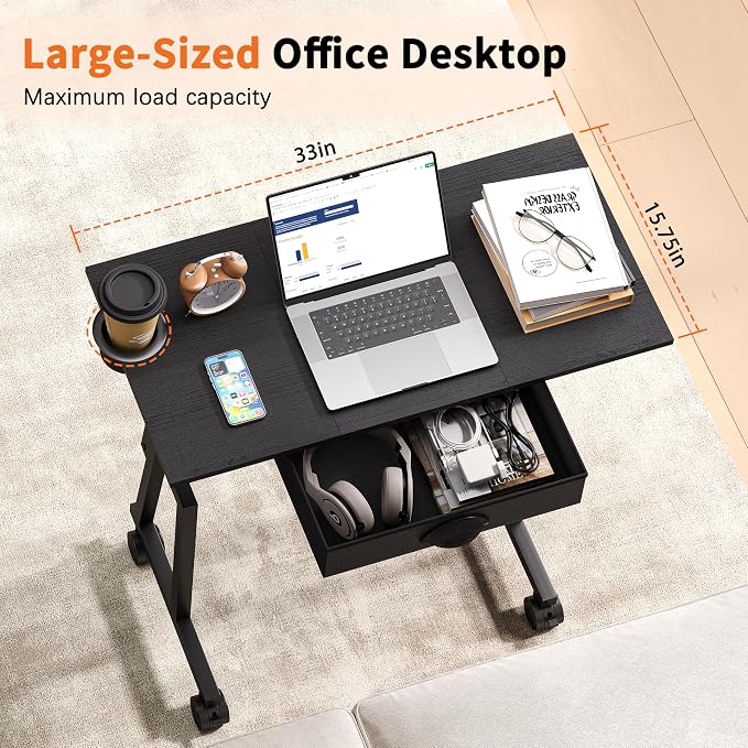 Adjustable Height Standing Desk with Drawer, Rolling Sit to Stand Up Desk | Height 31.5"-43.3" Small Mobile Laptop Standing Desk for Treadmill Walking Pad with Wheels, Movable Classroom Podium (Black) - Image 3