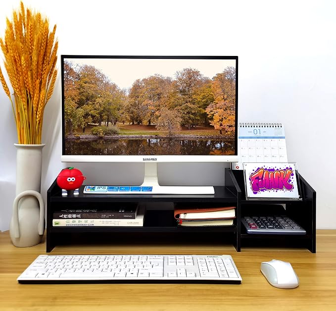 Computer Monitor Riser, 2 Tier Wooden Stand With Two Layer Storage Rack, Black Desktop Organizer for PC/Laptop, Home & Office - Image 2
