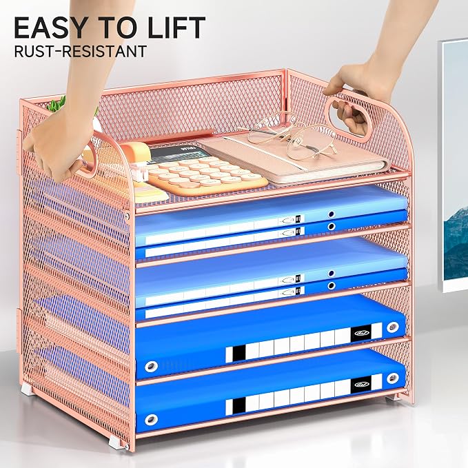 Paper Organizer Letter Tray with Handle Mesh 5 Trays | Desk File Organizer Paper Sorter Desk Organizer for Office, Home or School-Rose Gold - Image 4