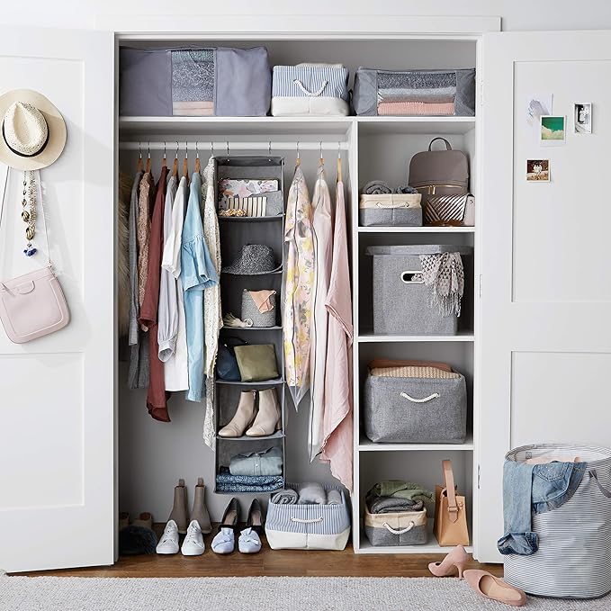 Amazon Basics 6-Tier Hanging Closet Shelf Organizer with Pockets, Clothes Storage for Sweaters and Clothing,8" Dx12 W x 9" L x 8.5" H, Grey (Pack of 10) - Image 2