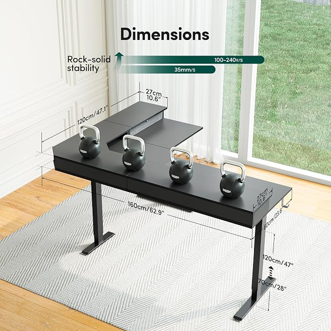CubiCubi 63x48 Inches L Shaped Standing Desk with 3 Drawers and Monitor Shelf, Height Adjustable Corner Computer Desk with Hooks, Sit Stand Up Ergonomic Home Office Workstation Table, Black - Image 3