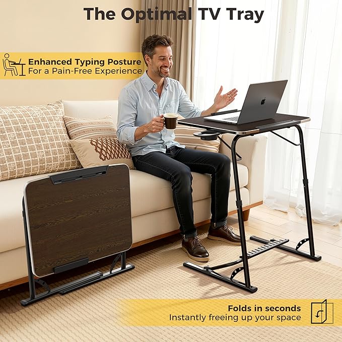 Upgraded Folding TV Tray Table, Sturdy Couch & Dinner Laptop Table | Adjustable Height & Angle Portable Desk for Eating, Work & Recliner; Includes Footrest, Cup Holder, iPad Holder, Edge Stopper - Image 3
