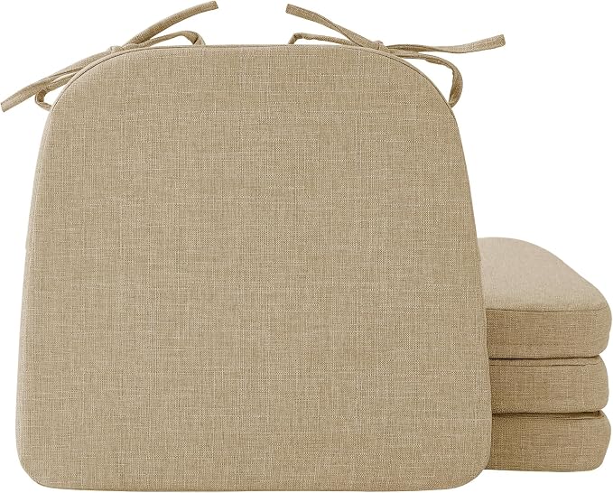 Ruqmuis Chair Cushions for Dining Chairs, 2" Thick Seat Cushions for Kitchen Chairs, D-Shaped Chair Pads with Washable Cover, Ties and Non Slip Backing, 17'' x 16'', Set of 4, Khaki by Ruqmuis