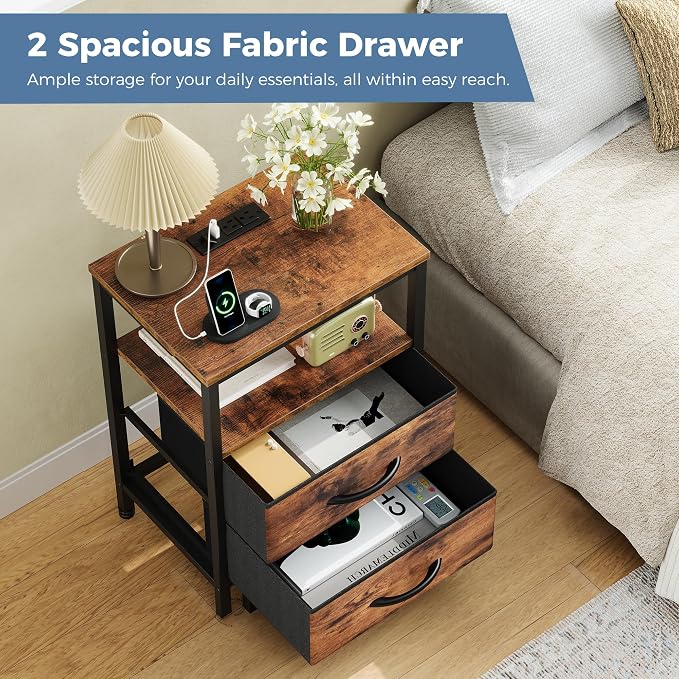 OLIXIS Nightstand with Charging Station, Beside Table with Fabric Drawers | 3-Tier End Table with Storage Shelf, Night Stand with USB Ports and Outlets for Bedroom, Rustic Brown - Image 4