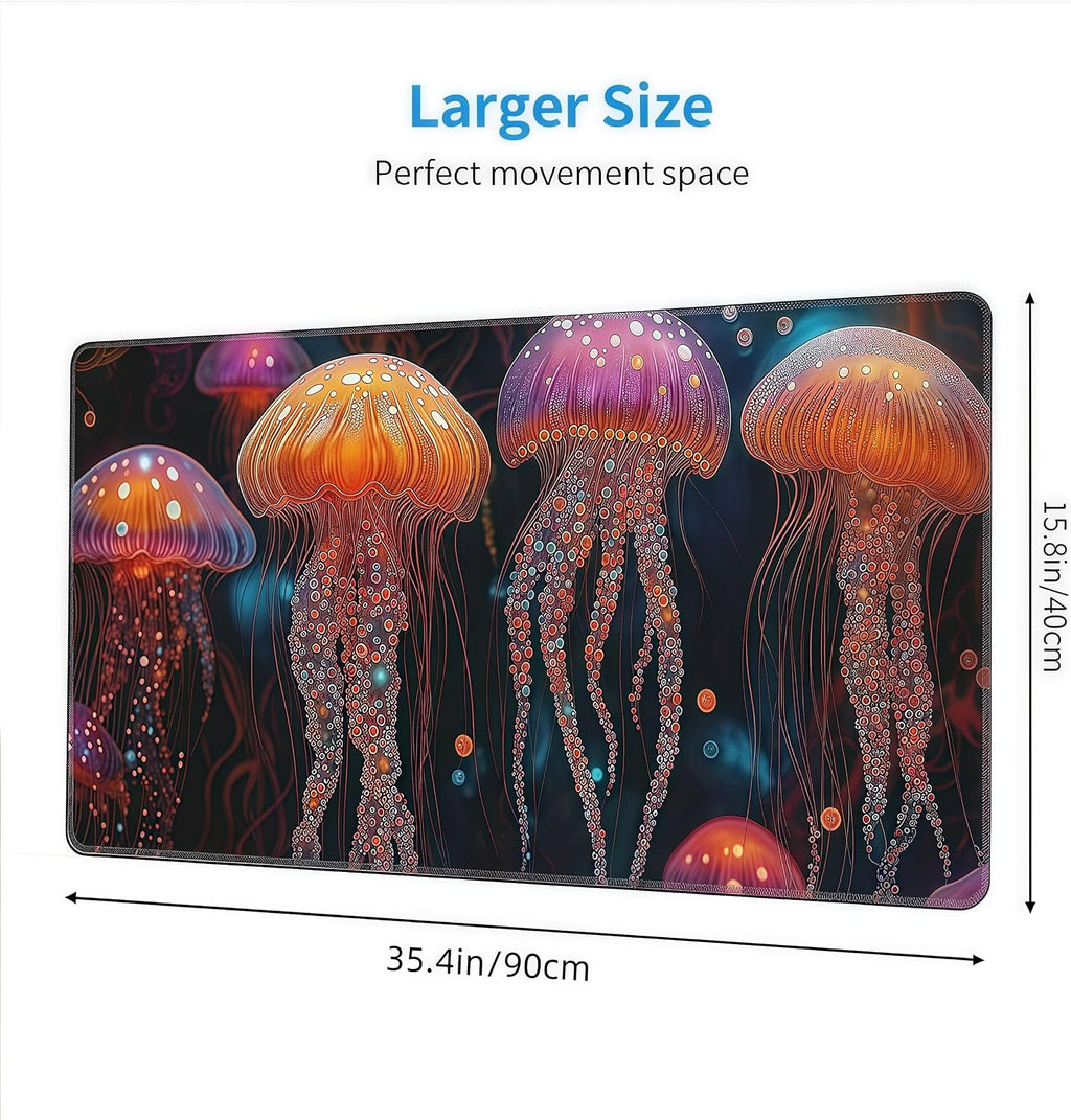 Large Fantasy Forest Jellyfish Gaming Mouse Pad - Blacklight Fairytale Waterproof Desk Mat, 35.4 X 15.8 Inch Extended Non-Slip Rubber Base for Office & Home - Image 3