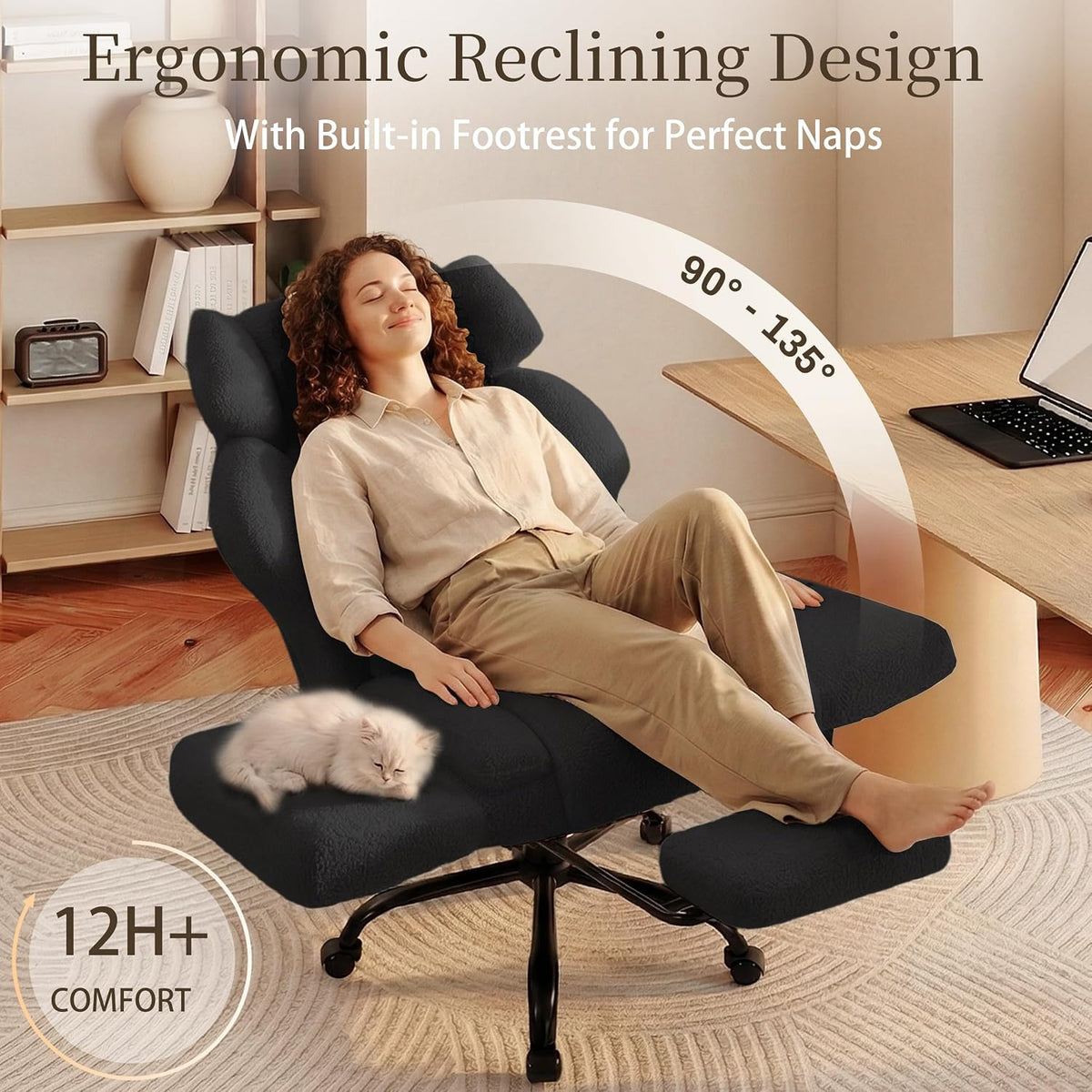Office Chair with Flip Armrests,Comfy Criss Cross Chair for Pets Sitting,Big and Tall Office Chair with Foot Rest,Extra Wide Seat & Lumbar Pillow,Ergonomic Computer Gaming Chair,Teddy Fleece,Black - Image 6