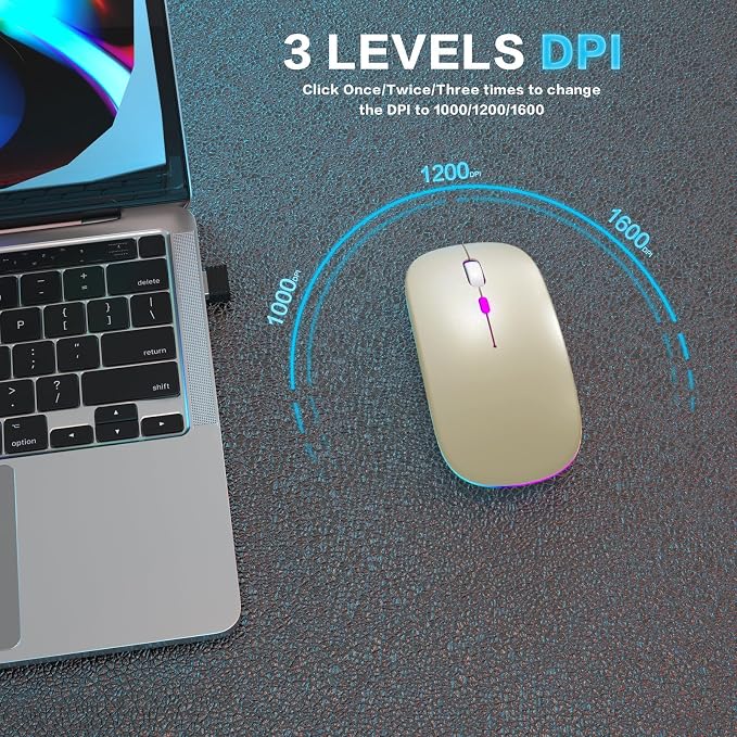 AIKOKOK Wireless Mouse, Bluetooth Mouse Rechargeable Dual Mode, Gold | BT 5.2 & 2.4G USB Receiver, 3 Adjustable DPI,LED Lights,Slim,Silent,Portable Computer Mouse for Laptop,PC,MacBook,iPad,Tablet - Image 8