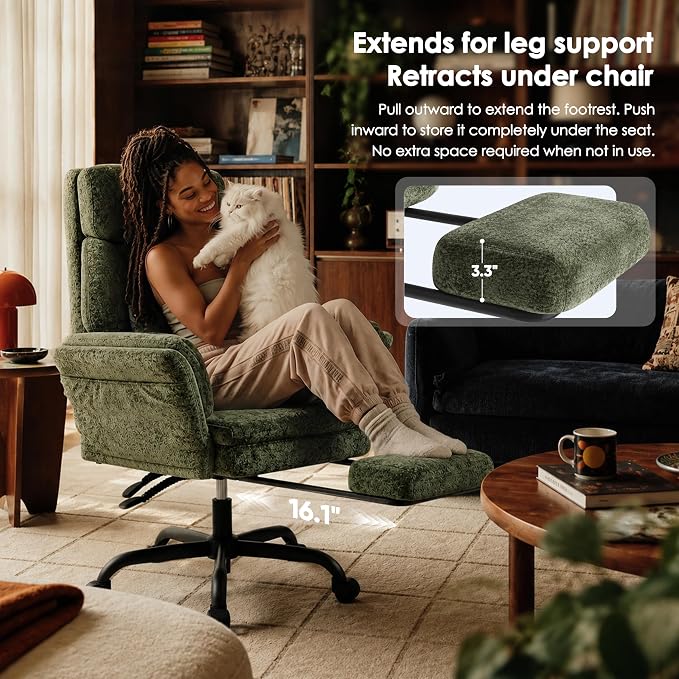 C57 Ergonomic Reclining Office Chair with Footrest, Velvet Desk Chair with 6-Stage Adjustable Wing Armrests for Cross Legged Sitting, Pet Friendly High Back Lounge Gaming Chair for Home Office - Image 4