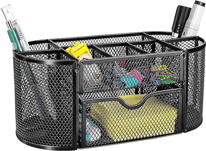 Amazon Basics Mesh Desk Organizer with Pen Holder, Pullout Drawer and Office Caddy Storage, 9.25" x 4.53" x 3.94", Black - Image 4