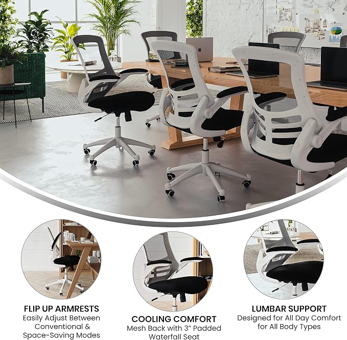 Flash Furniture Kelista Office Chair, Ergonomic, Mid-Back, White Frame, Black Mesh with Swivel | White Frame, Mid-Back, Flip-Up Arms, Mesh Back - Image 4