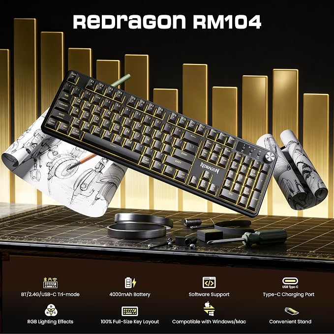 Redragon RM104 Wireless Gaming Keyboard with Knob, Tri-Mode BT/2.4G/USB-C RGB Computer Keyboards, 4000mAh Battery, Programmable Software Support, Anti-Ghosting, Compatible with PC Mac - Image 2