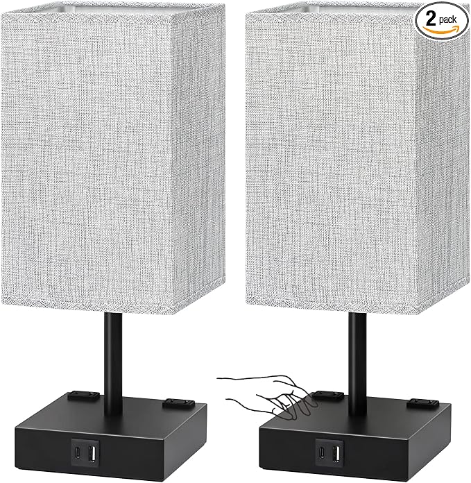 Bedside Table Lamps Set of 2 - Touch Nightstand Lamp for Bedroom with USB C+A Charging Ports & AC Outlets, 3-Way Dimmable Desk Lamp Grey Fabric Shade for Bedroom Living Room, Office(Bulb Included) by Soilsiu