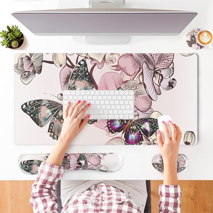 QIYI PU Leather Desk Mat Set, 4-in-1 Ergonomic Wrist Rest, Butterflies | Waterproof Large Mouse Pad 31.5×15.7 + Keyboard Wrist Rest + Mouse Wrist Support+Coaster, Non-Slip Office Gaming Accessories - Image 8