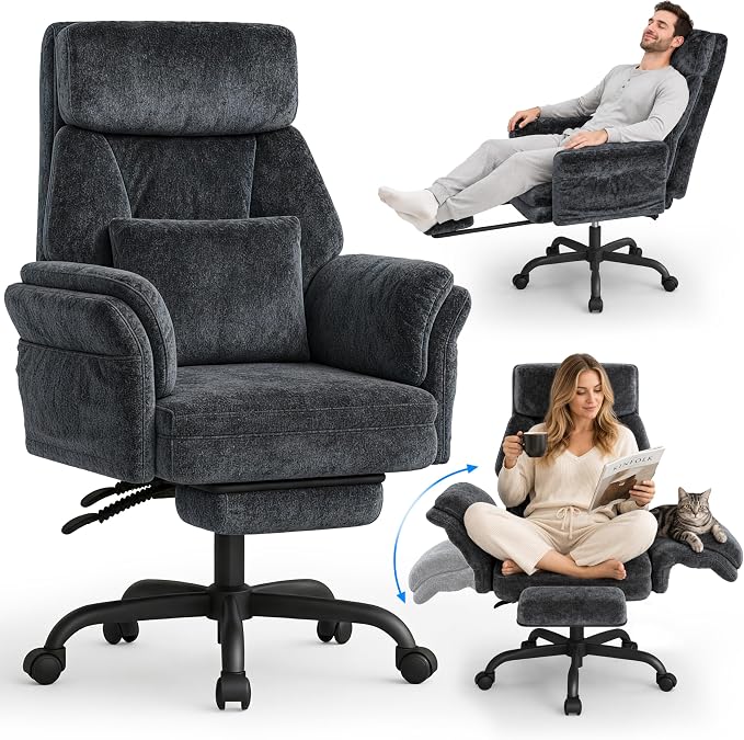 C57 Ergonomic Reclining Office Chair with Footrest, Velvet Desk Chair with 6-Stage Adjustable Wing Armrests for Cross Legged Sitting, Pet Friendly High Back Lounge Gaming Chair for Home Office by ELABEST