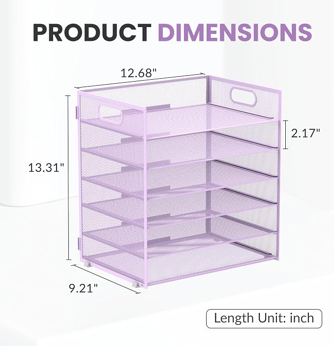 Daltack 6-Tier Paper Organizer for Desk with Handle, Purple, 2 Pack | Sturdy Metal Mesh Organizer with Movable Middle Trays and a Carry Handle for Papers, Folders and Office Supplies - Image 2