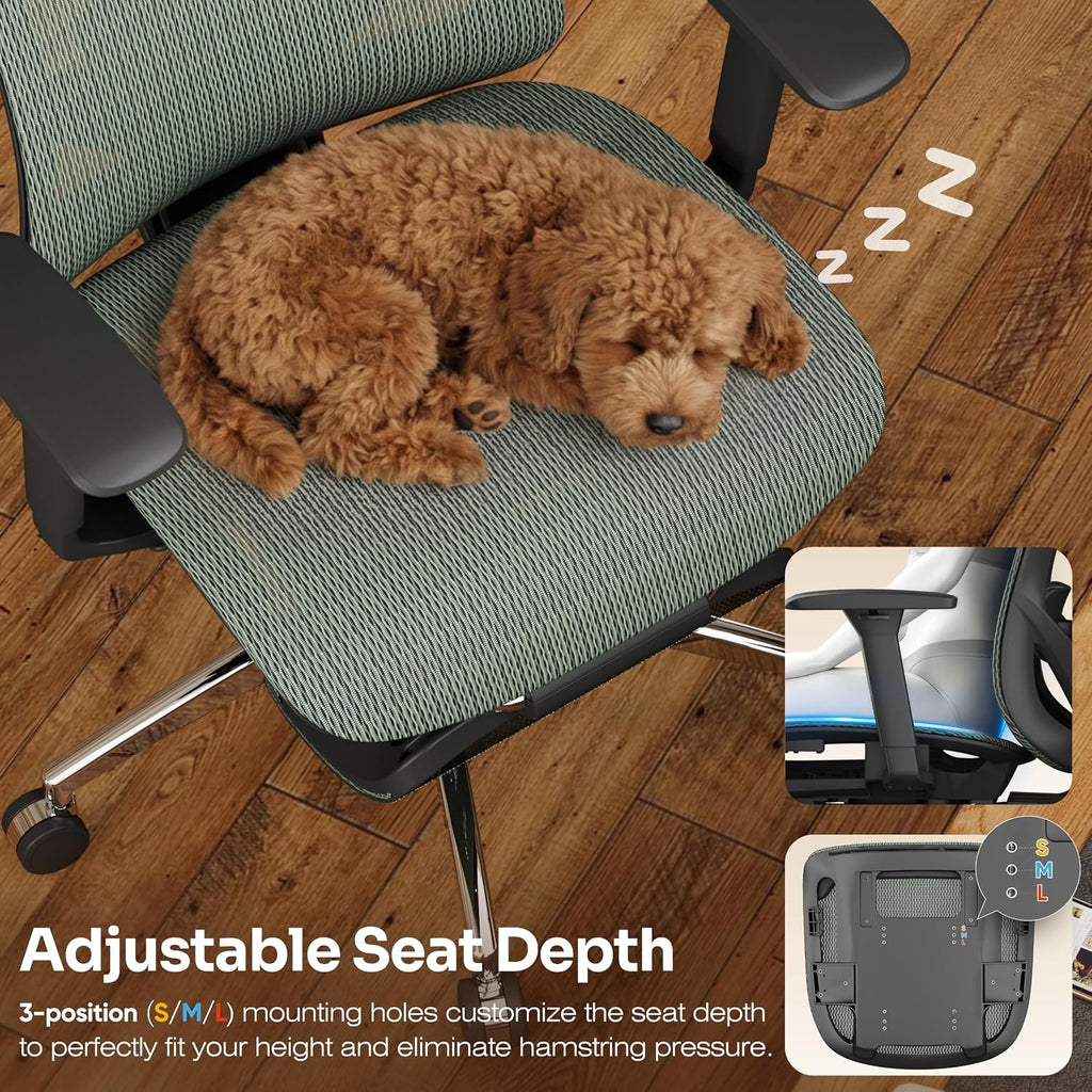 Ergonomic Office Chair with Adjustable Lumbar Support, 3D Armrests & Headrest, 135° Reclining Chair with Footrest & Large Steel Base,300LBS Swivel Desk Chair(GYMN01-JG) - Image 6