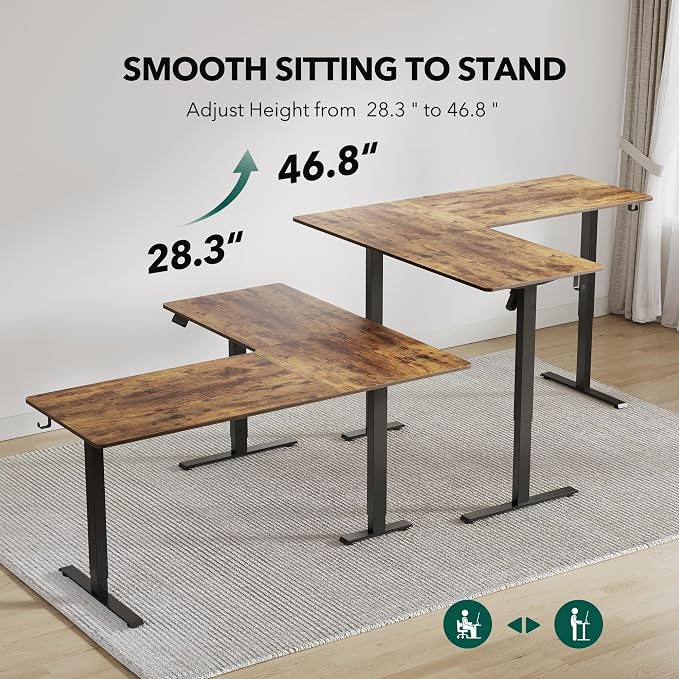 FEZIBO 63" x 55"L Shaped Standing Desk Adjustable Height, Electric Stand up Corner Computer Desk, Sit Stand Home Office Desk with Splice Board, Vintage-Brown - Image 4