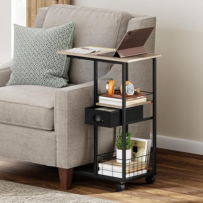 Rolling C Shaped Side Table with Storage Drawer, Ivory Portable Desk on Wheels, Bedside Table for Sofa Couch & Bed, Small Overbed Laptop Desk, Mobile Coffee End Table for Bedroom Living Room Dorm - Image 8
