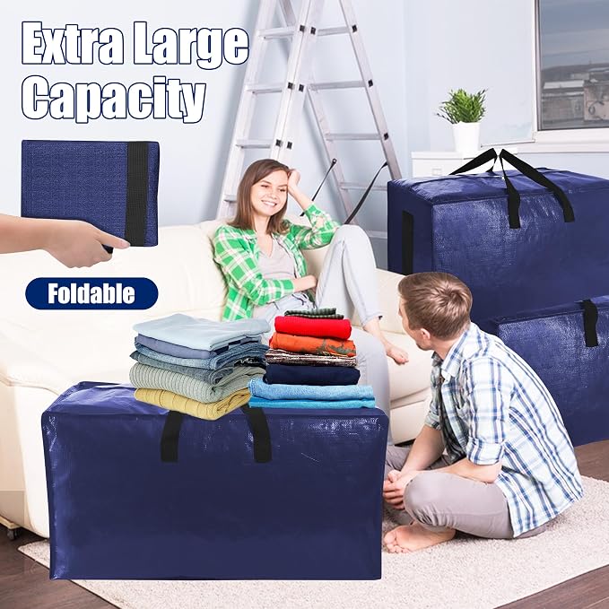 SWEET DOLPHIN 6 Pack Extra Large Moving Bags with Strong Zippers & Carrying Handles, Heavy Duty Storage Tote for Space Saving Moving Storage, Fold Flat, Alternative to Moving Box (Navy Blue) - Image 6
