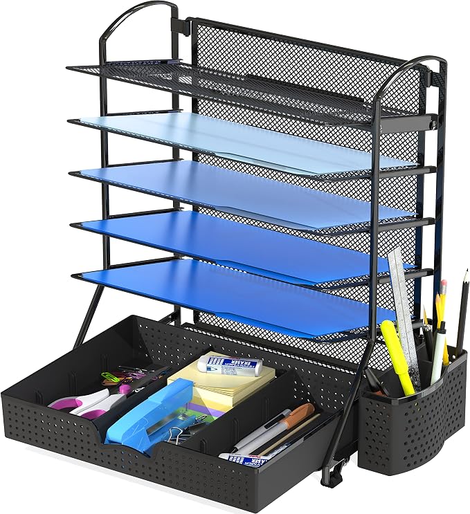 Simple Houseware 6-Tier Desk File Organizer w/Drawer & Pen Holder, Black | 5 Tilted Letter Trays for A4 Paper, Mail and Documents by SimpleHouseware