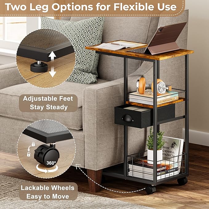 C Shaped Sofa Side Table with Wheels, Rolling Small Coffee Table with Drawer, Portable TV Tray Table for Couch, Bedside Table with Storage, Narrow Nightstand for Bedroom, End Tables Living Room - Image 6