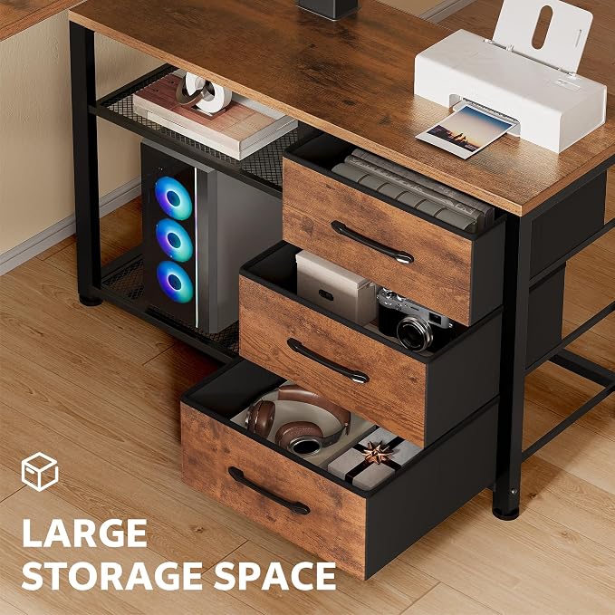 47'' L Shaped Desk with 3 Drawers Electric Standing Desks Rustic | with Storage Computer Desk Adjustable Height with Power Outlets 4 Memory Presets for Home Office - Image 4