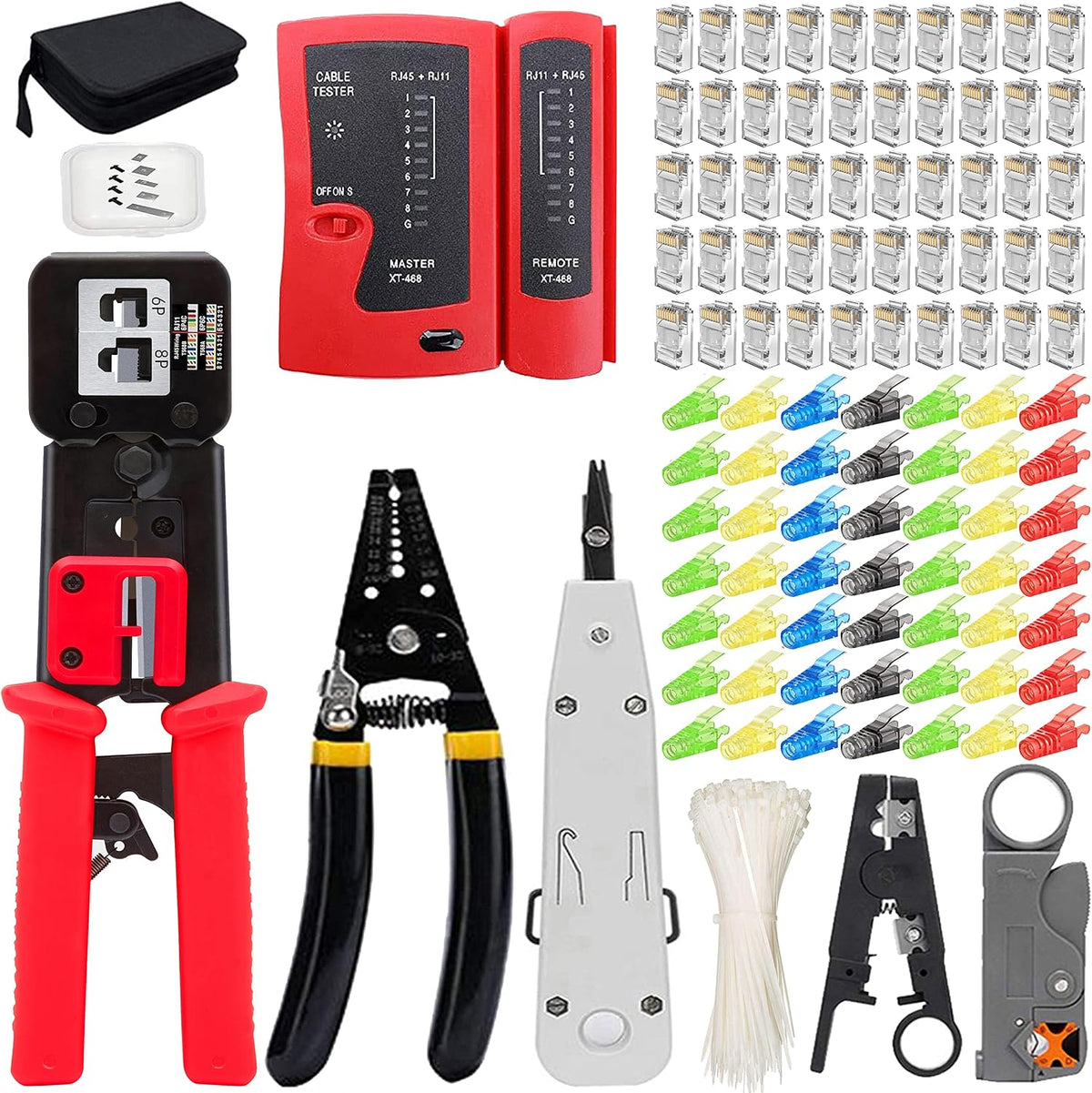 LEATBUY RJ45 Crimp Tool Kit for CAT5/CAT6, Professional Network Crimper Wire Connector Stripper Cutter, Computer Maintenance Lan Cable Pliers Tester Repair Tool Set(RED) by LEATBUY-TECH