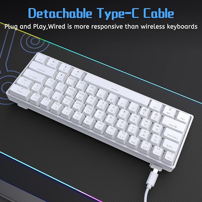DIERYA 60% Mechanical Keyboard, DK61se Wired Gaming Keyboard with Red Switches, LED Backlit Ultra-Compact 61 Keys Mini Office Keyboard for Windows Laptop PC Gamer Typist（White） - Image 5