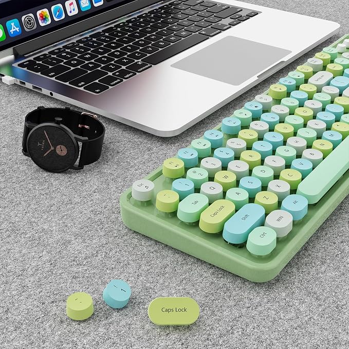 Wireless Keyboard and Mouse Combo, Ergonomic Full Size Typewriter Retro Round Keycaps Keyboard, Compatible with Windows, PC, Perfer for Home and Office Keyboards (Green - Image 9