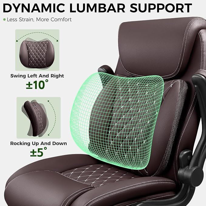 Office Chair, Ergonomic Executive Desk Chair with Lumbar Support for Lower Back Pain Relief, Padded Flip-Up Armrests, Leather Home Office Chair, Coffee - Image 4