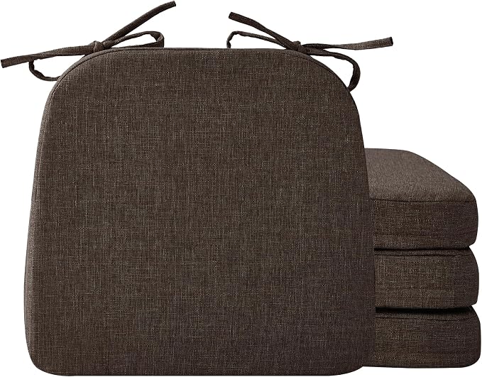 Ruqmuis Chair Cushions for Dining Chairs, 2" Thick Seat Cushions for Kitchen Chairs, D-Shaped Chair Pads with Washable Cover, Ties and Non Slip Backing, 17'' x 16'', Set of 4, Brown by Ruqmuis