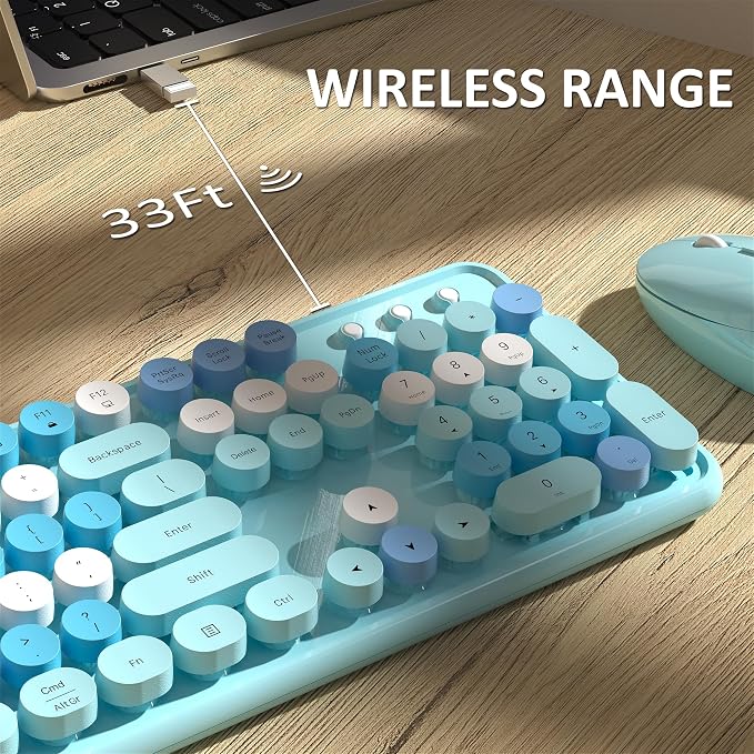 Links9+ Colorful Wireless Keyboard and Mouse Combo (Blue Colorful) | Full-Size Retro Typewriter Style Keyboard with Vintage Round Keycaps, 2.4G Wireless Set for Windows, Mac, Laptop, PC, Tablet - Image 7