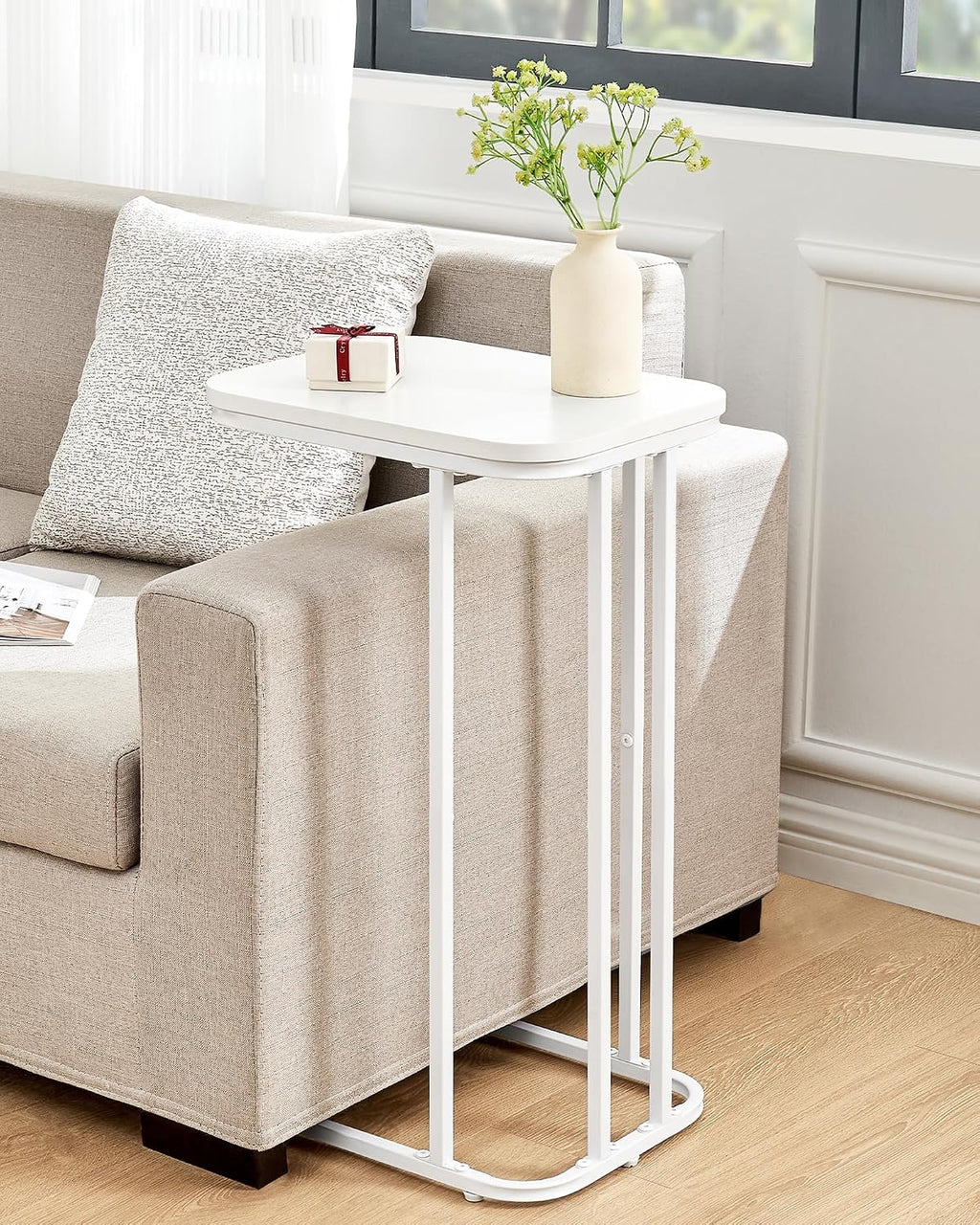 C Shaped End Table Set of 2, Small Side Table for Sofa and Bed, Couch Tables That Slide Under, Tall Tv Tray Table for Living Room, Bedroom, Snow White - Image 4