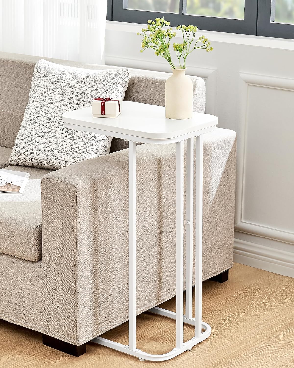 C Shaped End Table Set of 2, Small Side Table for Sofa and Bed, Couch Tables That Slide Under, Tall Tv Tray Table for Living Room, Bedroom, Snow White - Image 4