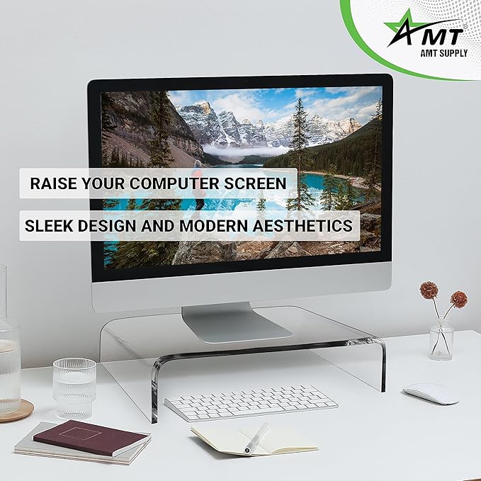 AMT 16 Inch Acrylic Laptop Monitor Stand, Computer Riser with Cat Keyboard Protector, Space-Saving Design, Extra Storage, Clear Shelf - Ideal for Monitors, Laptops, Printers, Desktop Decor - Image 5