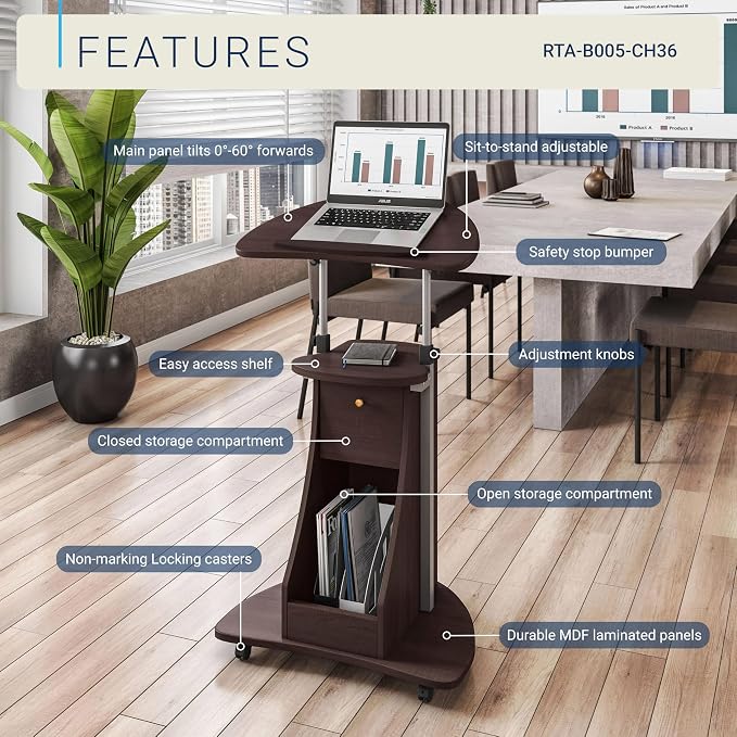 Techni Mobili Sit-to-Stand Rolling Adjustable Storage Medical Laptop Computer Cart, Chocolate, B005 | Adjustable height rolling laptop cart with storage, open shelf, wheels, sit‑to‑stand ideal for podium office medical use - Image 4