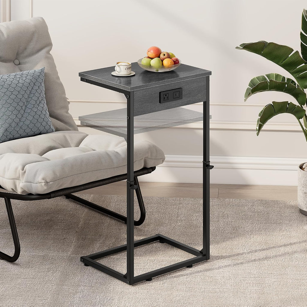C Shaped End Table with Charging Station, Adjustable Height Side Table for Couch, Small Side Table, 33.2'' Tall Couch Tables that Slide Under, Tv Tray End Table for Living Room, Gray Walnut - Image 5