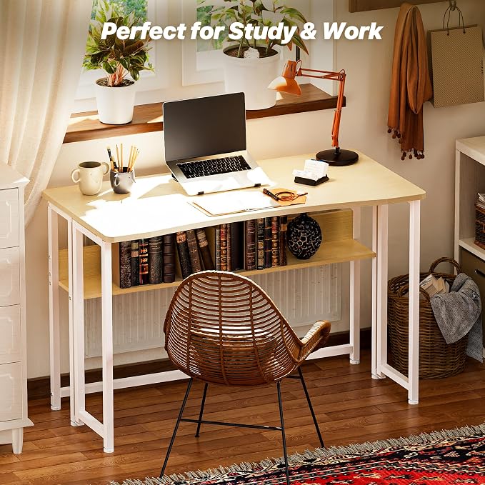 Huuger Folding Desk with Storage Shelf, 39.3 Inch Foldable Computer Table | Writing Work Office Computer Desk for Small Spaces, Space Saving Sofa Table for Couch, Easy to Fold, Oak - Image 8
