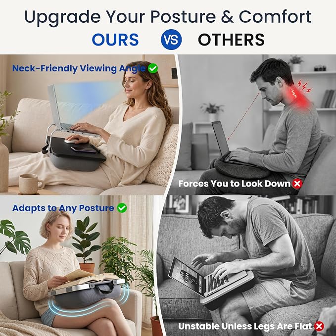 Rimkoo Elevated Lap Desk for 15.6" Laptop, 2-in-1 Dual Laptop Stand with Pillow Cushion, Lightweight Lap Tray for Couch & Bed, Ergonomic Design for Stable Typing & Relaxed Posture, Black - Image 8