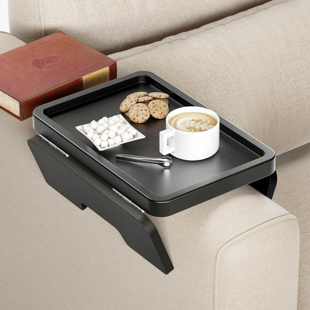 Acacia Sofa Arm Tray Table, Double Hinge, Clip-On Couch Tray, Black by HOLANA