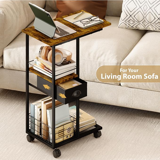 C Shaped Sofa Side Table with Wheels, Rolling Small Coffee Table with Drawer, Portable TV Tray Table for Couch, Bedside Table with Storage, Narrow Nightstand for Bedroom, End Tables Living Room - Image 9