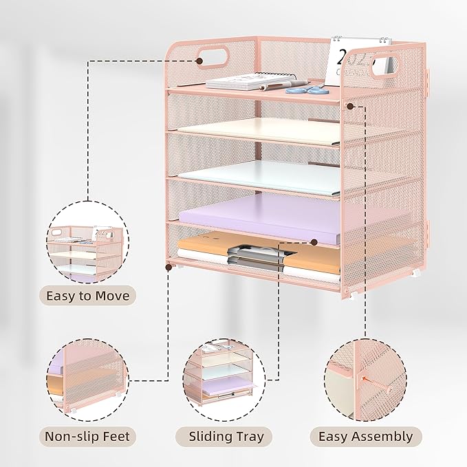 5 Trays Paper Organizer Letter Tray with Handle-Mesh Desk File Holders, Paper Sorter Desk Organizer for Office, Home, Classroom or School, Pink - Image 3